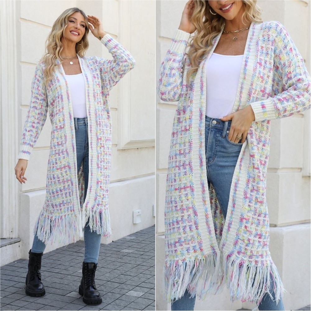 Kaleidoscope Fringe Long Cardigan - Cream